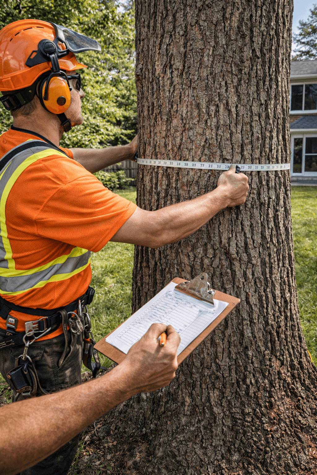 ISA certified arborist measuring DBH of a mature tree in Ajax Ontario for an arborist report