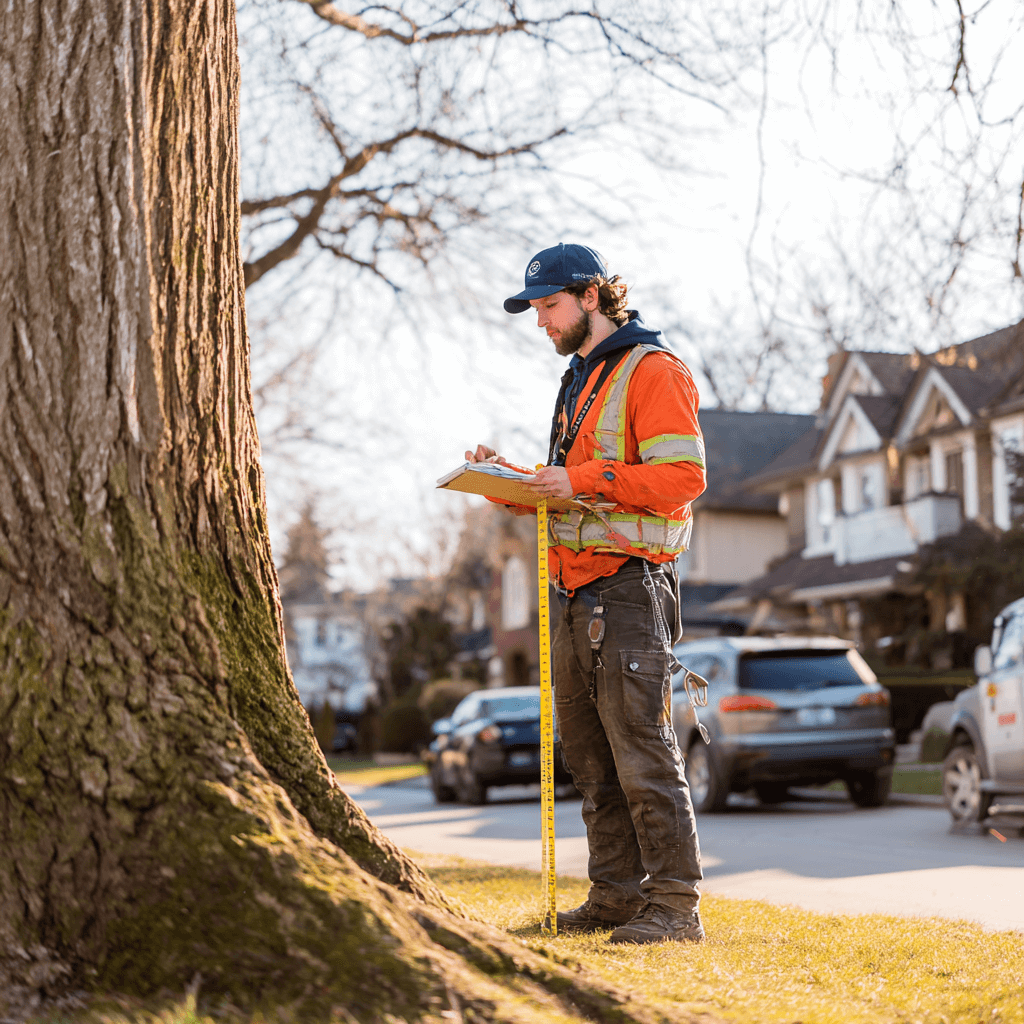 ISA certified arborist measuring tree diameter with a DBH tape on a large silver maple in Pickering Ontario