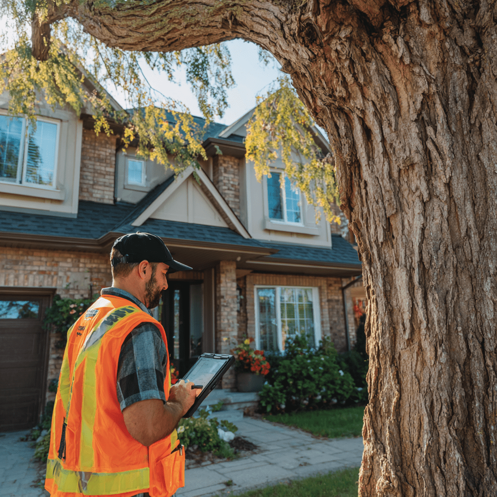 Brampton Urban Forestry officer inspecting a residential tree during a tree removal permit application review