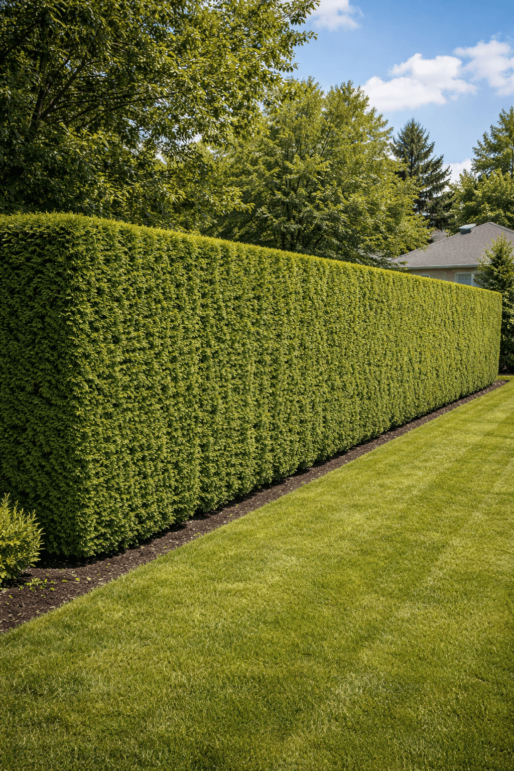 Freshly trimmed cedar hedge showing a crisp even face along an Ajax Ontario property line