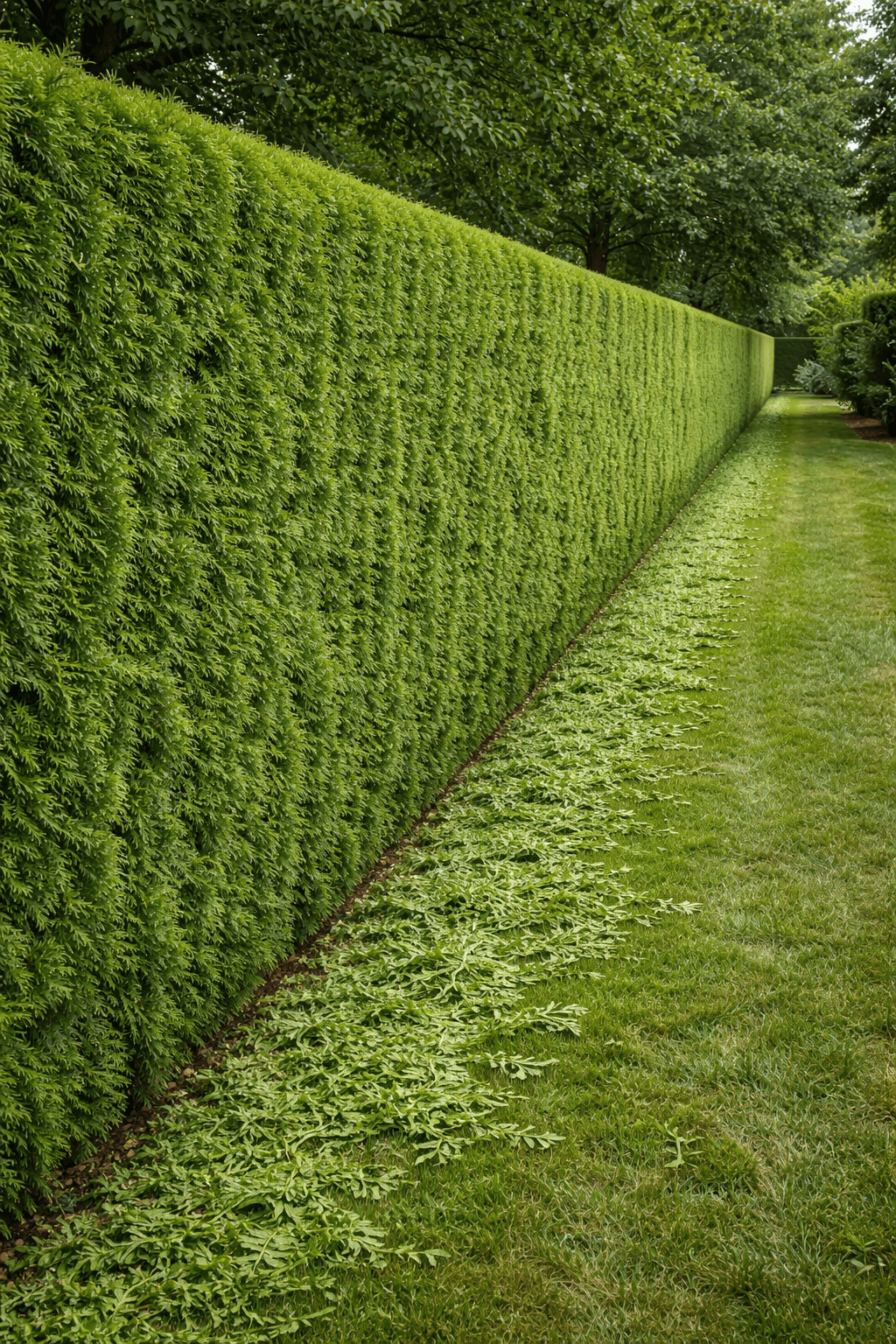 Professional crew trimming a tall cedar hedge in a Mississauga front yard