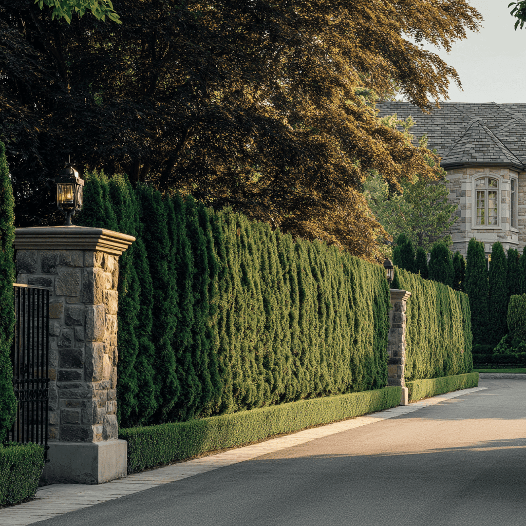 Long estate cedar hedge freshly trimmed on a large Rosebank Pickering Ontario property with a stone entrance gate