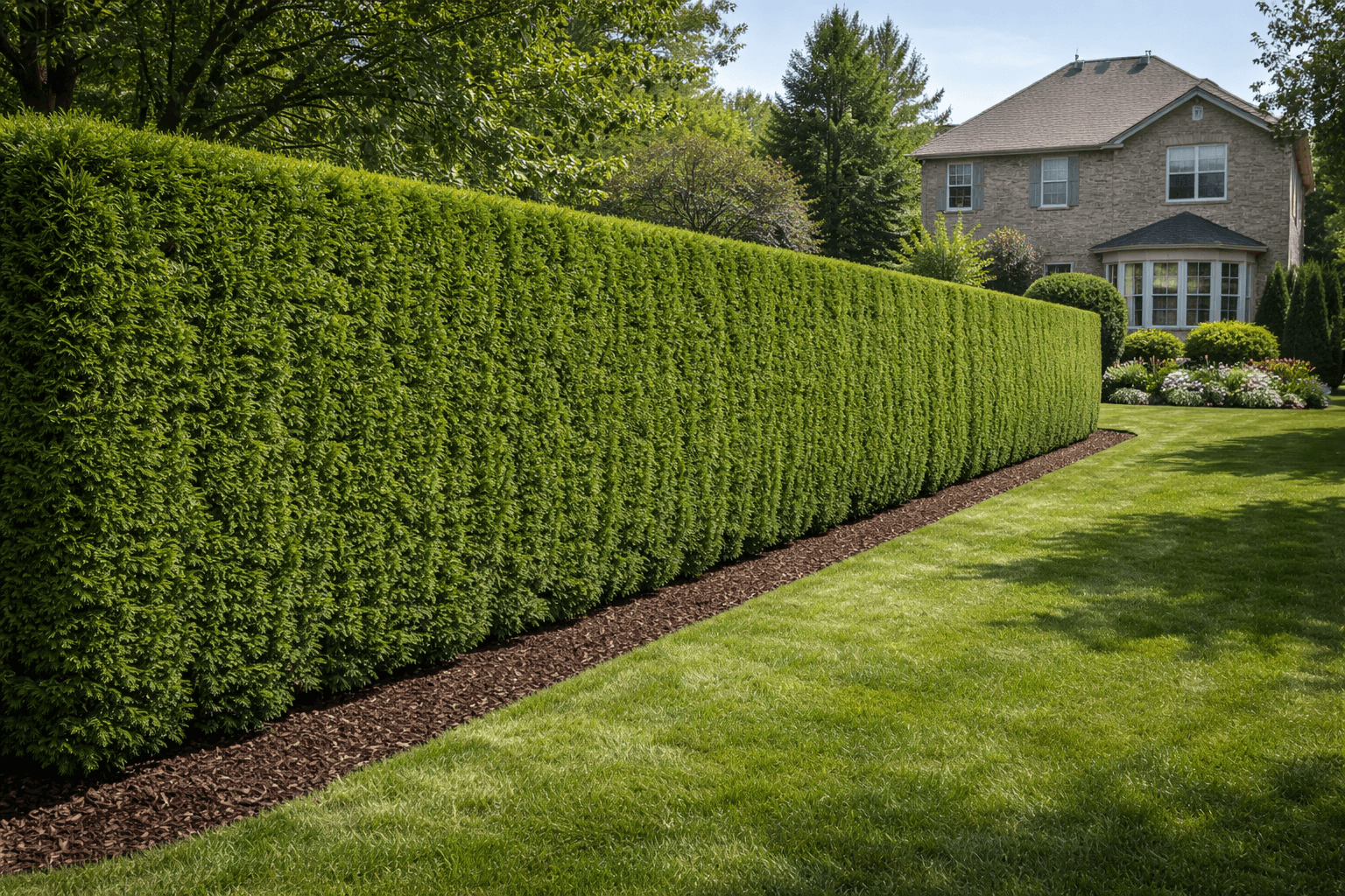 Long cedar hedge freshly trimmed to a straight crisp line in the Williamsburg neighbourhood of Whitby Ontario
