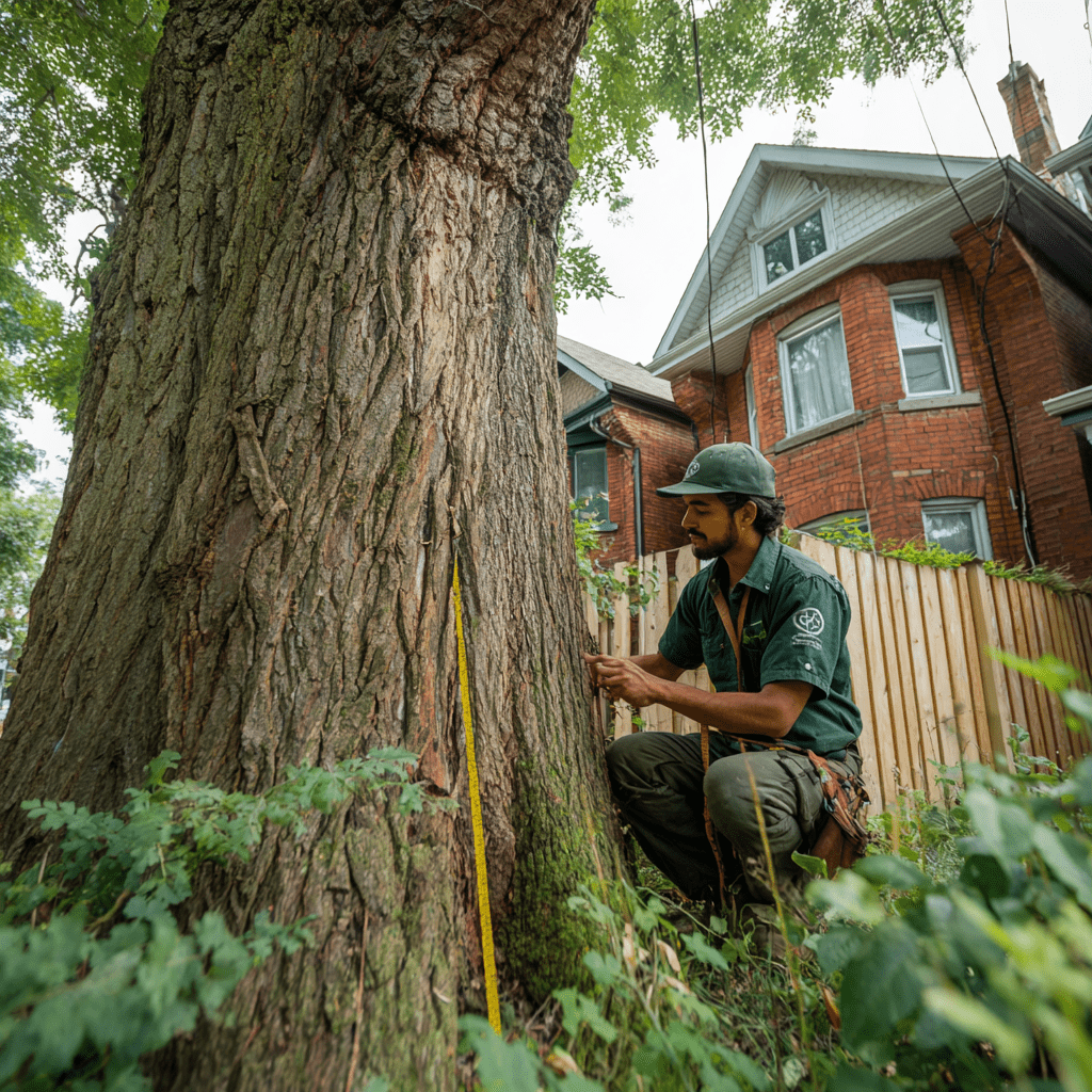 ISA certified arborist assessing a mature tree at the edge of a Don Valley ravine in East York Toronto