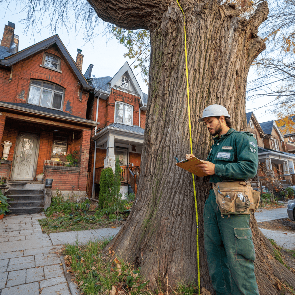 ISA arborist measuring tree DBH with tape for a Toronto Chapter 813 permit report in East York