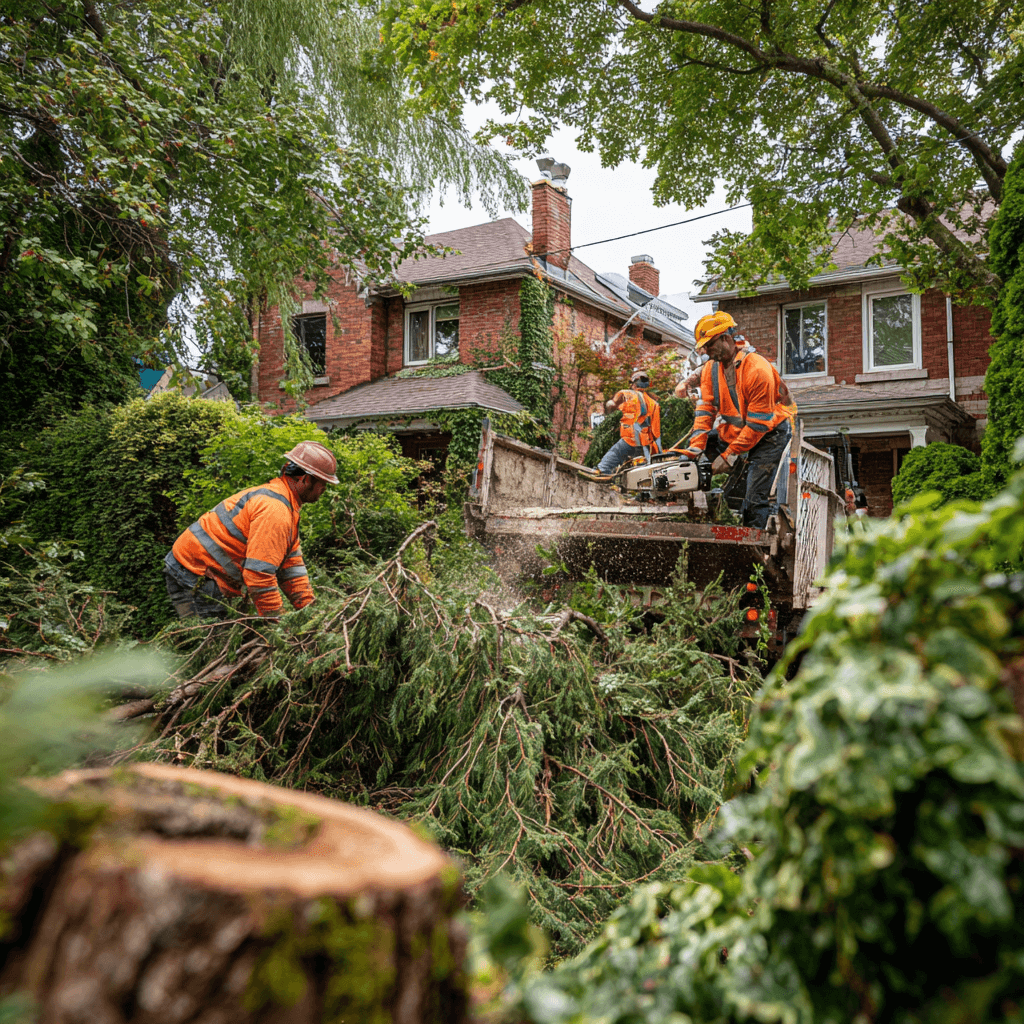 Full cedar hedge removal in progress in an East York Woodbine Heights residential yard