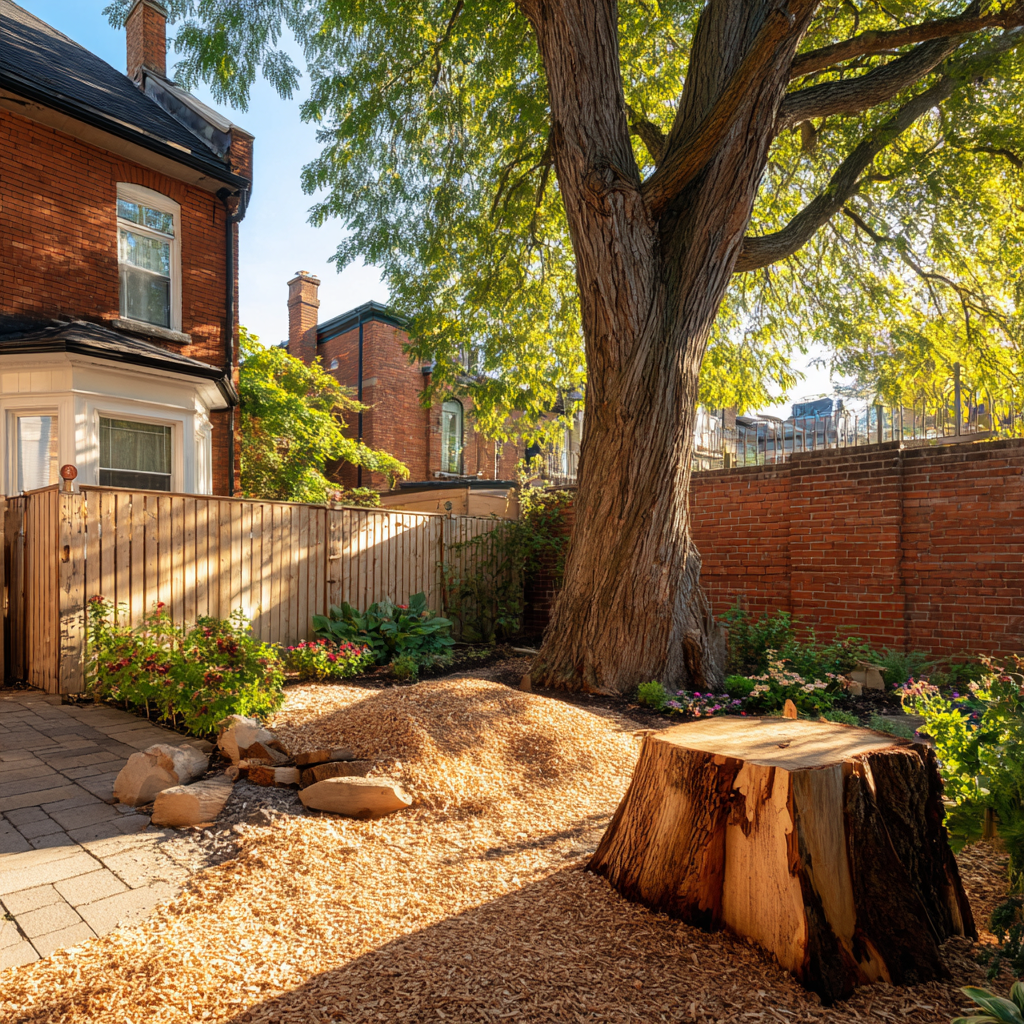Clean East York backyard after full tree removal showing wood chip pile and cleared ground
