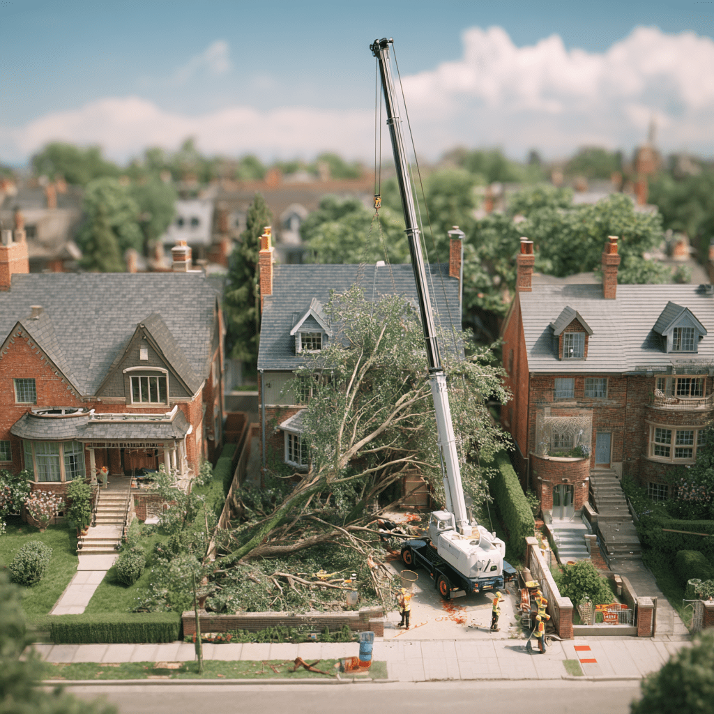 Crane-assisted tree removal on a Leaside East York property with a mature silver maple