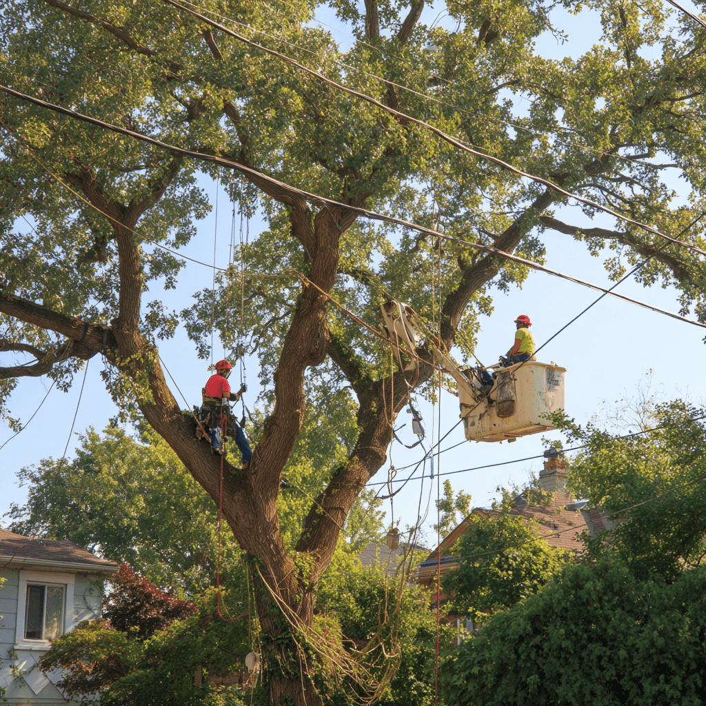 Tree crew thinning the crown of a mature oak in an East York Pape Village property