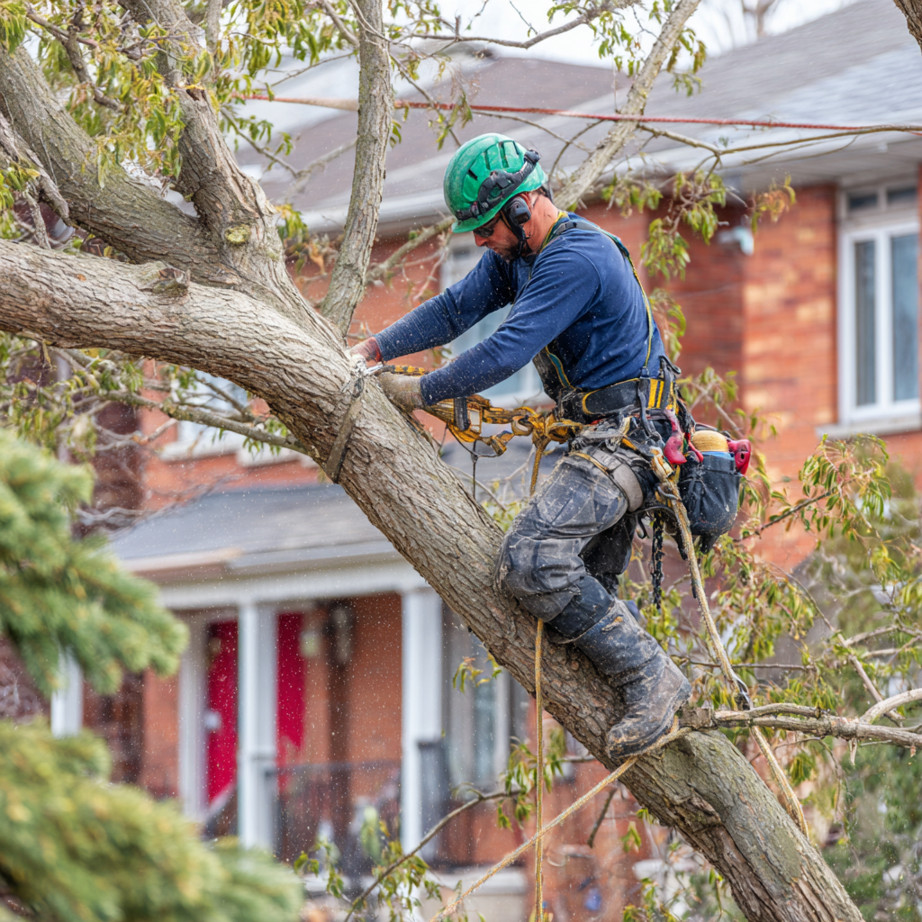 Arborist removing deadwood from a large tree in a Broadview North East York residential yard