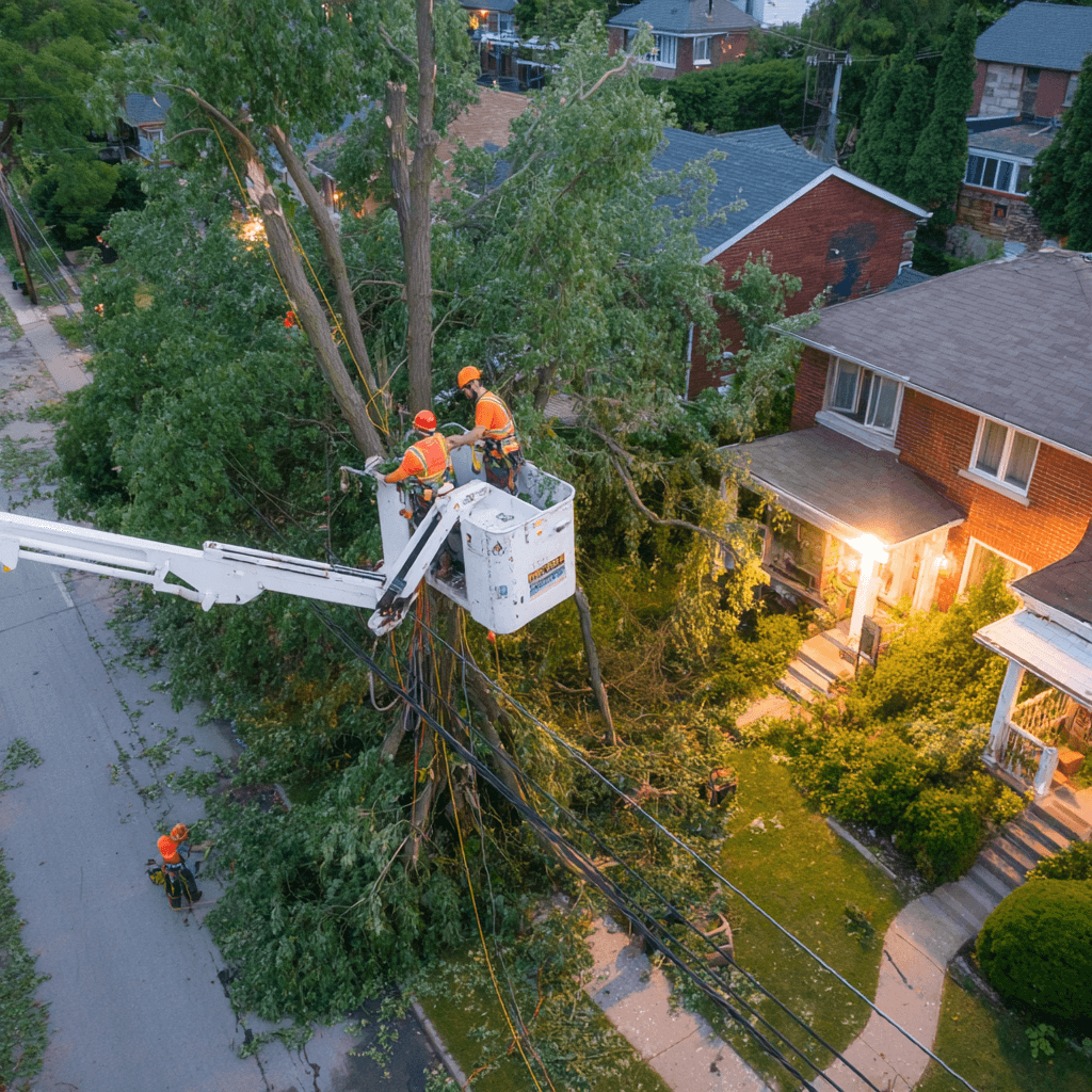 East York crew using a boom lift to remove a large hanging broken limb from a storm-damaged tree