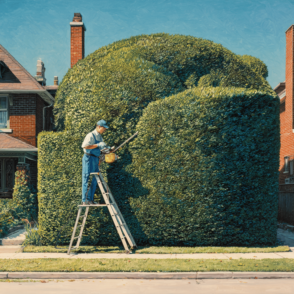 Professional hedge shaping on a corner lot cedar hedge in Pape Village East York Toronto