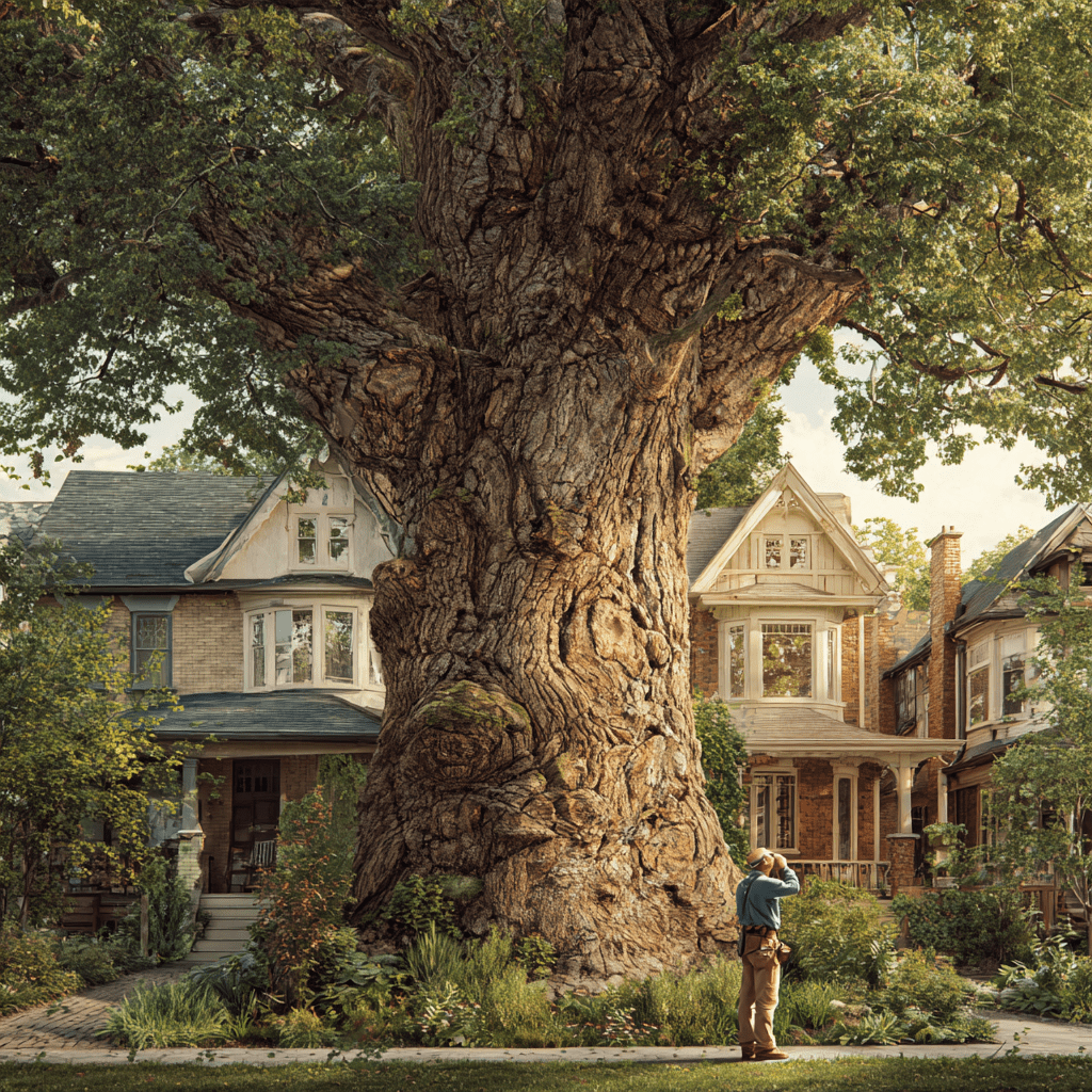 Certified arborist assessing a large heritage-scale tree in a Leaside East York property