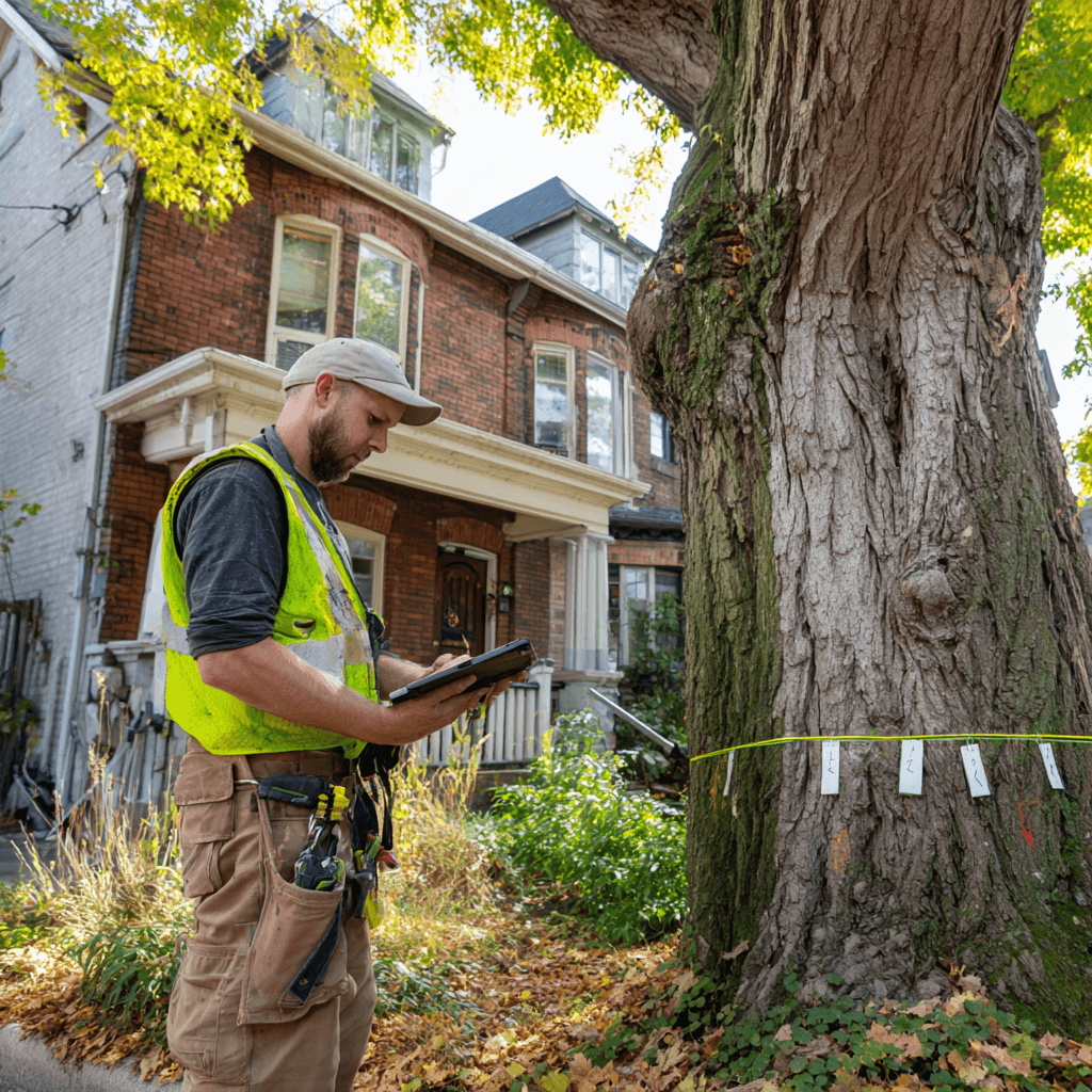 Arborist tagging and measuring trees before construction begins on an East York Toronto property