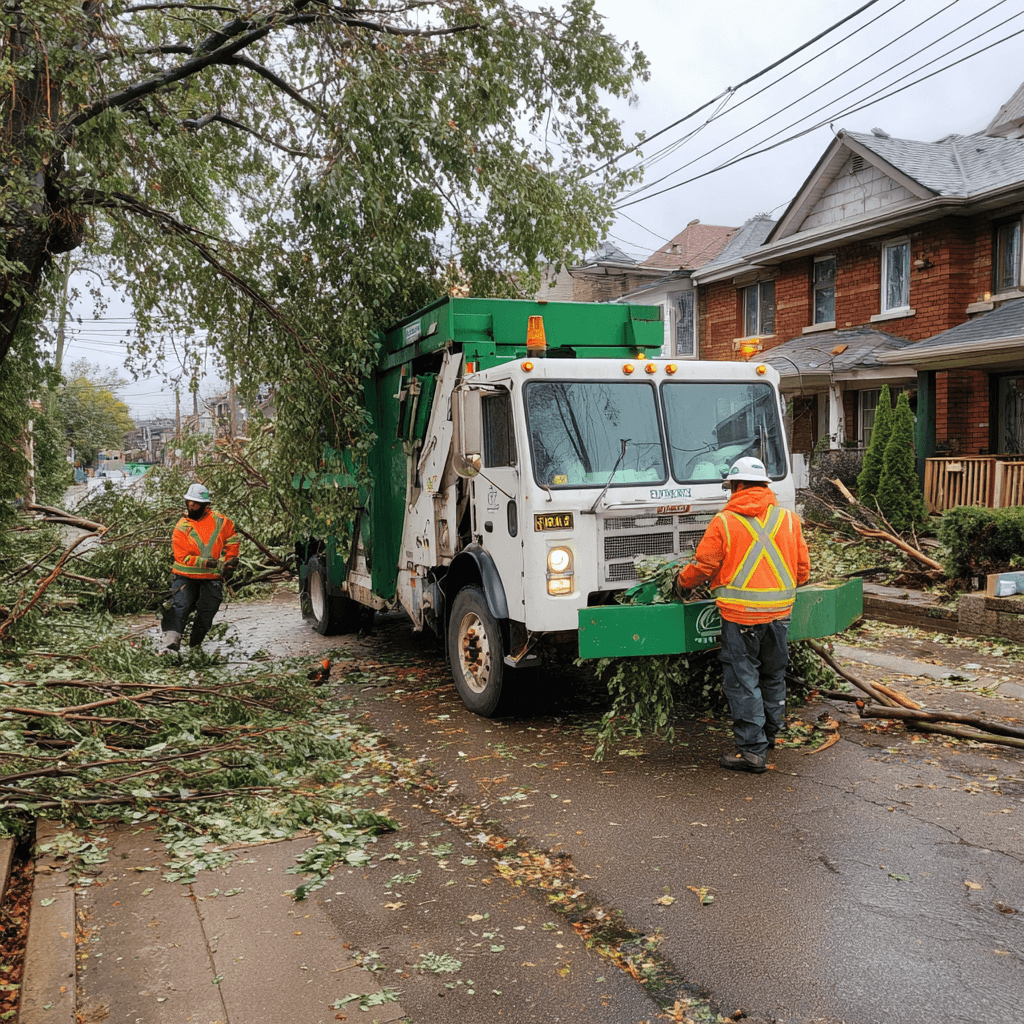 Tree crew clearing storm debris and fallen branches from a Danforth Village East York yard