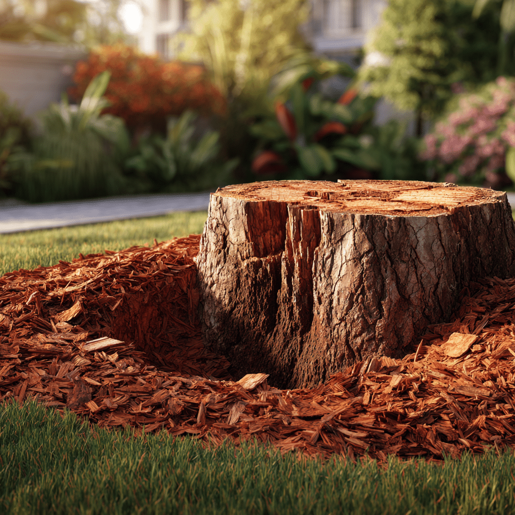 Below-grade stump grinding result in an East York yard with wood chip mulch pile beside it