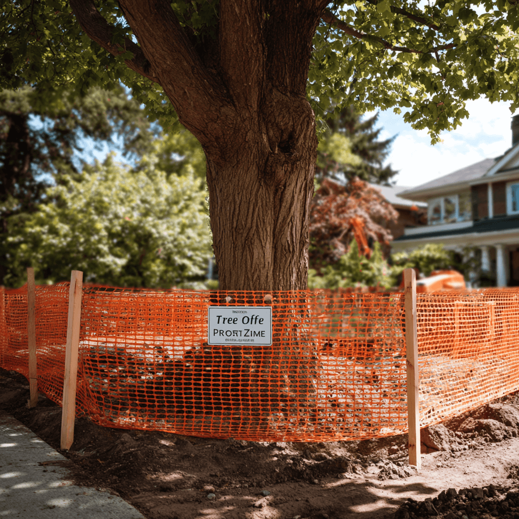Tree protection zone orange snow fence barrier installed around a mature tree in East York