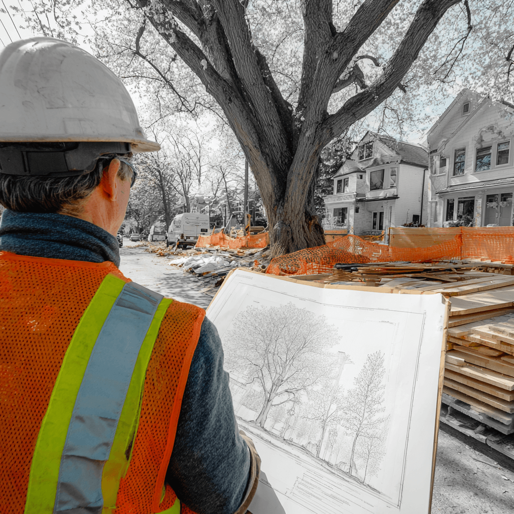 Arborist reviewing tree preservation plan drawings on a construction site in Leaside East York