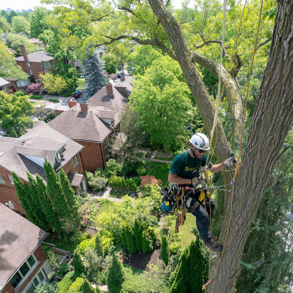 Certified arborist on ropes pruning a large silver maple in a Bennington Heights East York yard