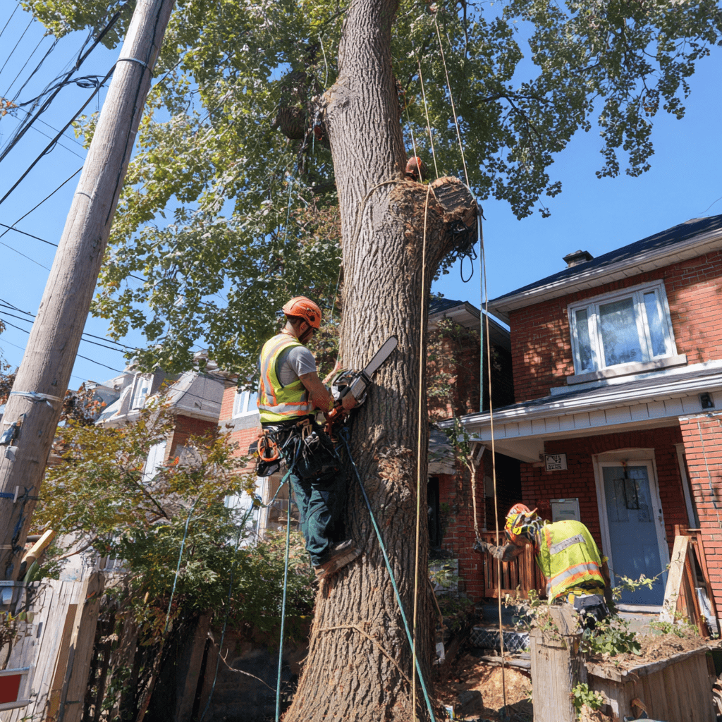 Professional crew safely sectioning a large oak tree in a post-war East York residential yard