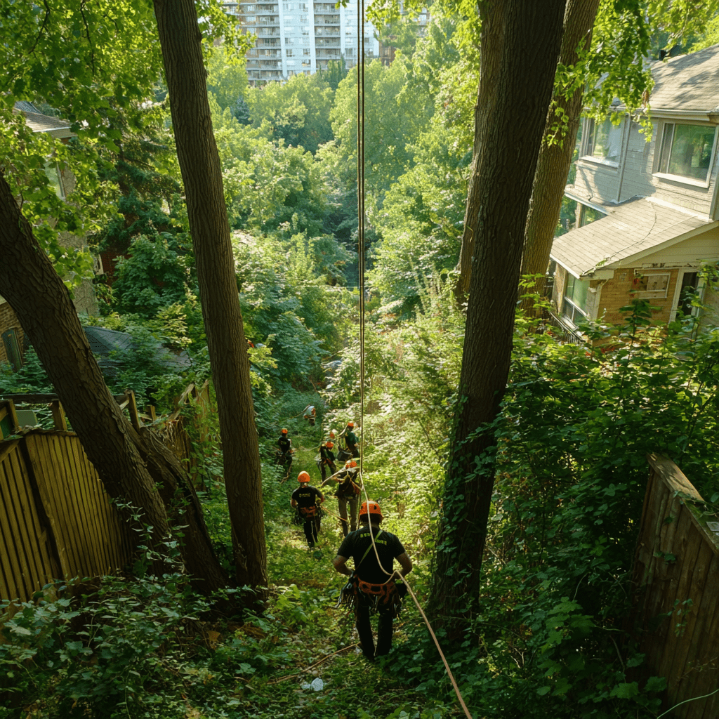 Tree crew working in a narrow East York Toronto backyard between semi-detached homes in the Woodbine Heights area