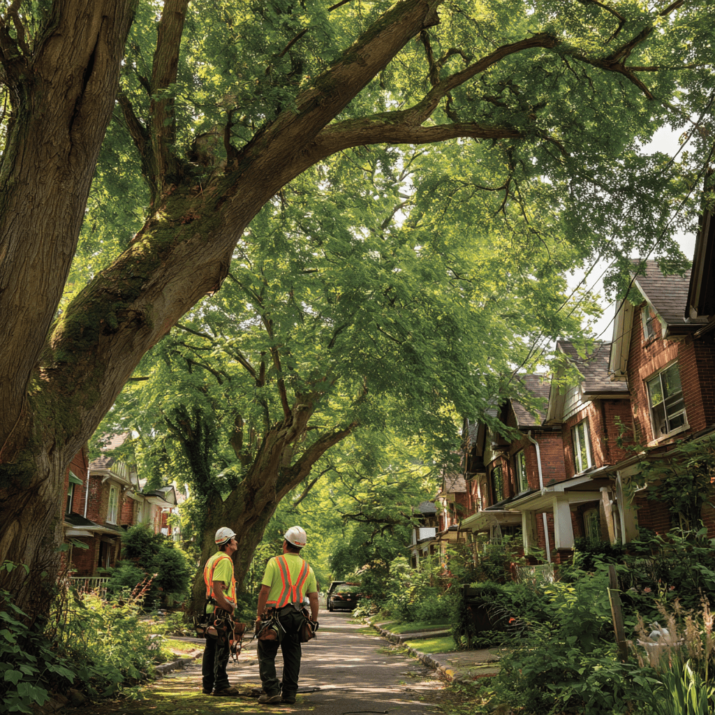 Professional tree service crew removing a large silver maple from a residential street in the Leaside neighbourhood of East York Toronto