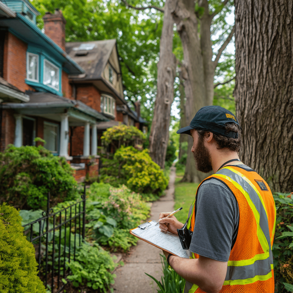 Arborist photographing and documenting trees on an East York Toronto property for a permit report