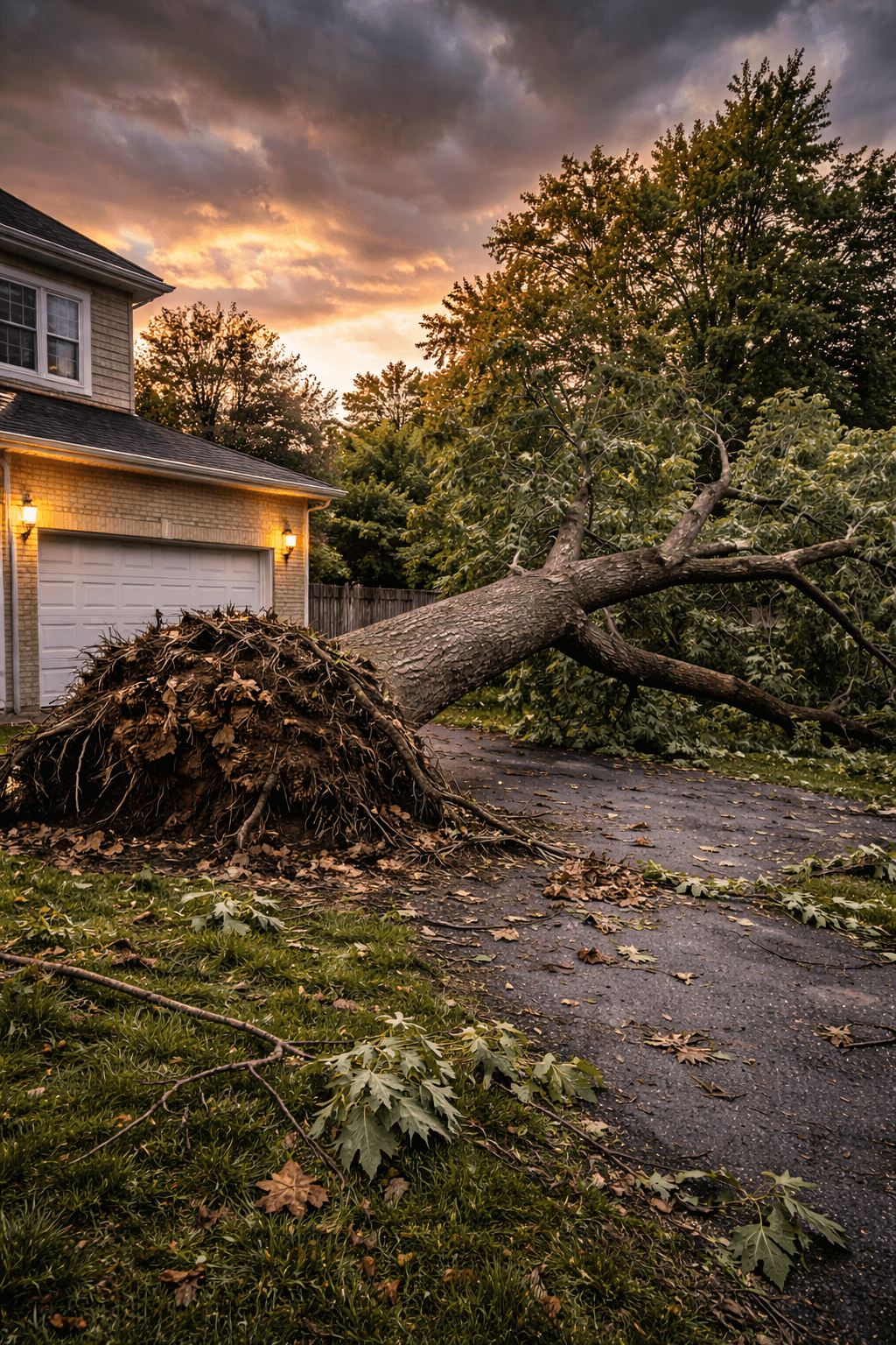 Large storm-downed tree across an Ajax Ontario residential driveway at dawn