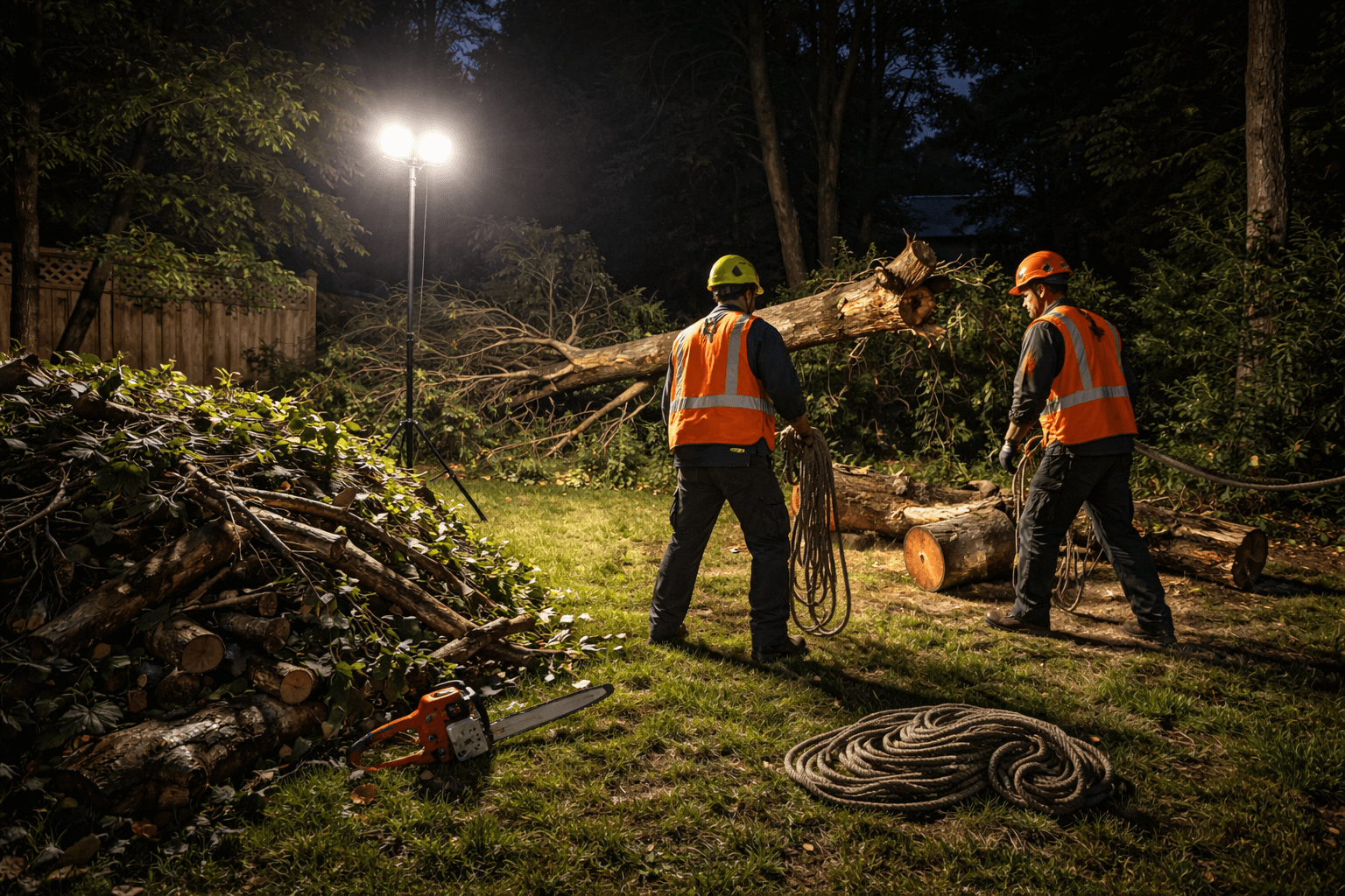 Emergency tree crew working under floodlights at a Whitby Ontario property after a major storm
