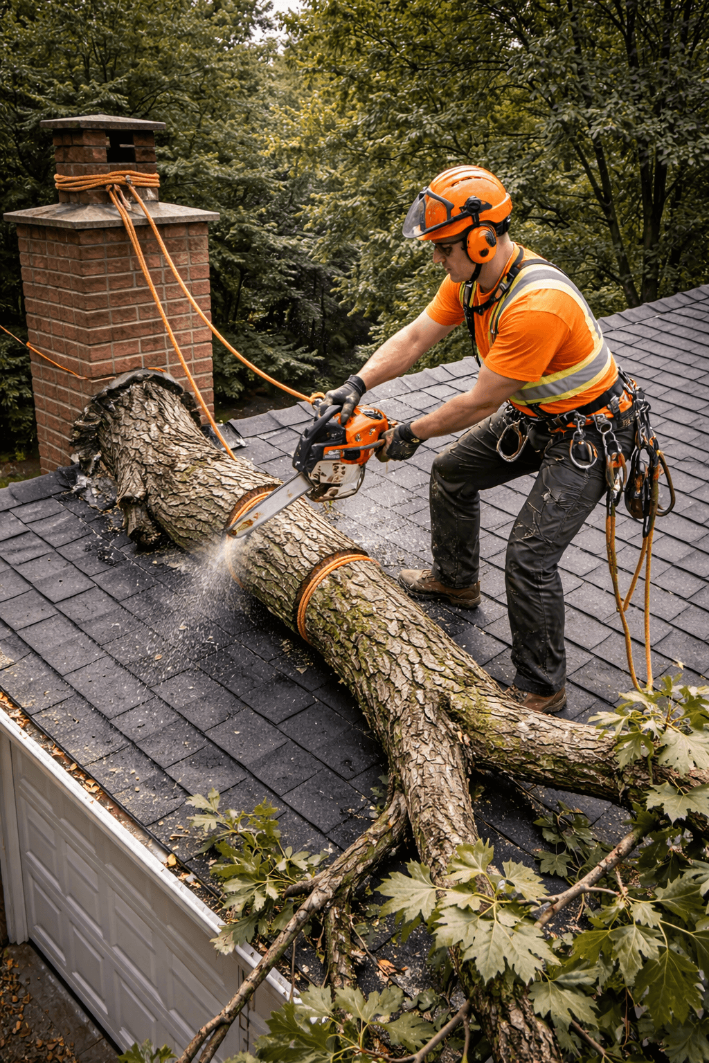 Emergency removal of a tree section resting on an Ajax Ontario house roof
