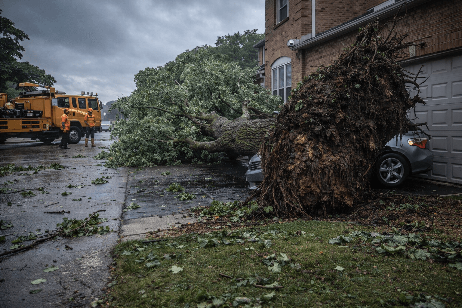 Large tree uprooted across a Mississauga driveway after a major storm