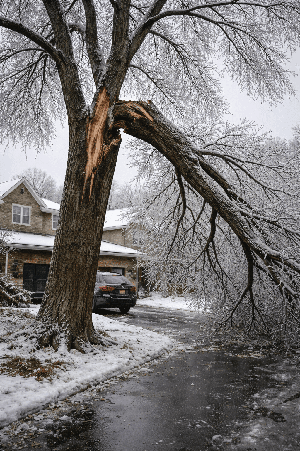 Major ice storm damage to a mature tree in Whitby Ontario with split trunk hanging over a driveway