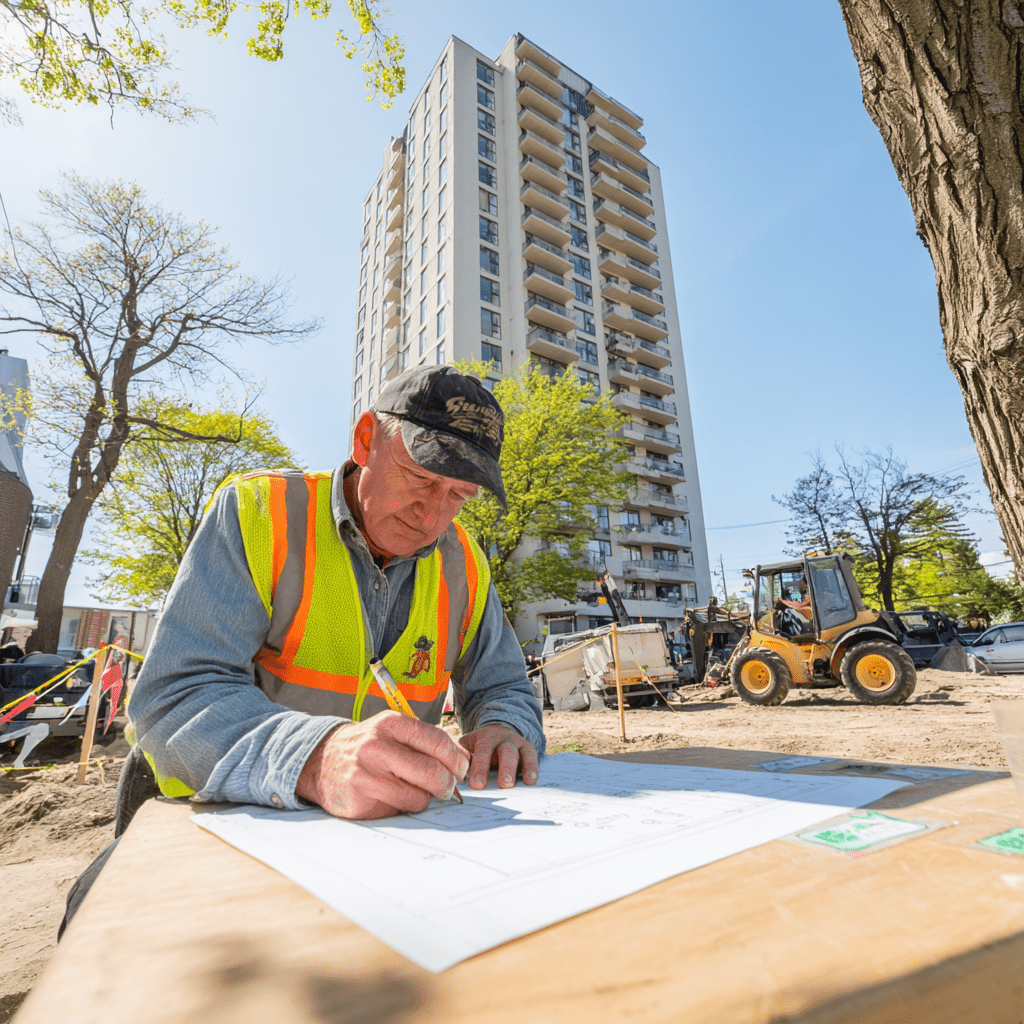 Arborist reviewing site plans and tagging trees at a Sunnylea Etobicoke residential construction project