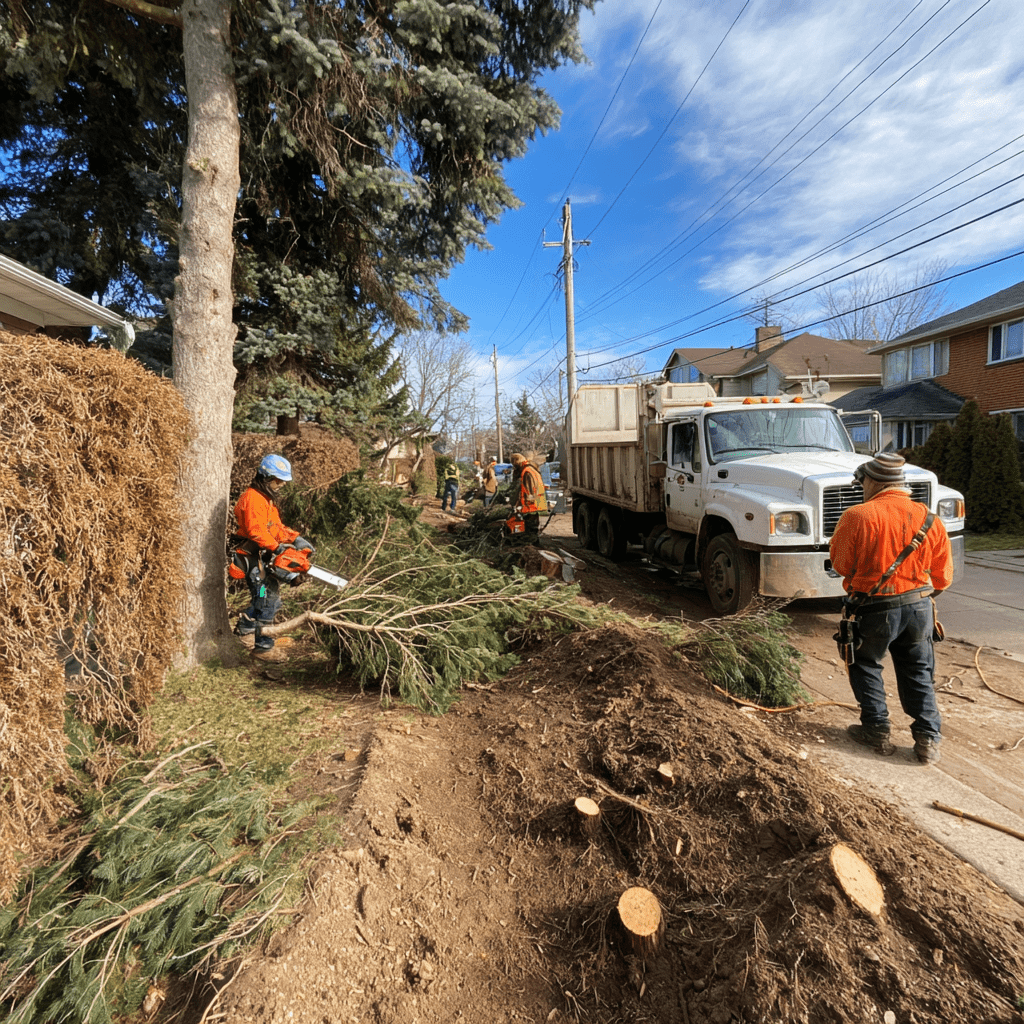 Full overgrown cedar hedge removal in progress on an Islington Village Etobicoke property