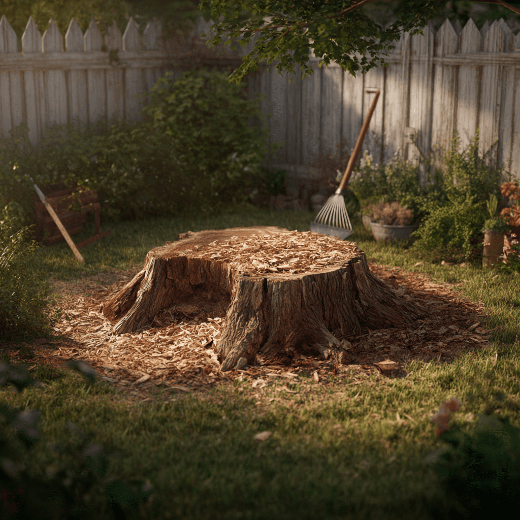 Compact tracked stump grinder being navigated through a narrow side yard in Mimico Etobicoke Toronto
