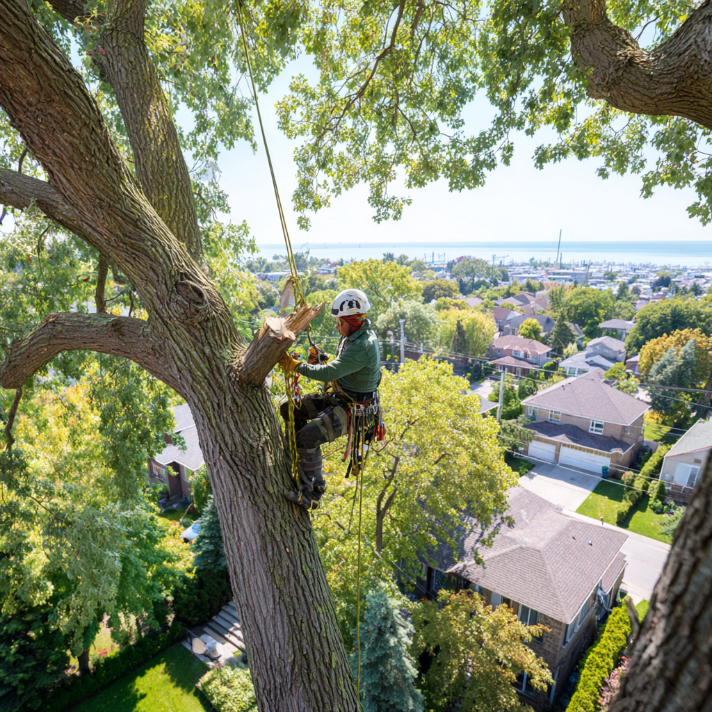 Arborist removing a large deadwood limb from a mature tree in a Long Branch Etobicoke yard near Lake Ontario
