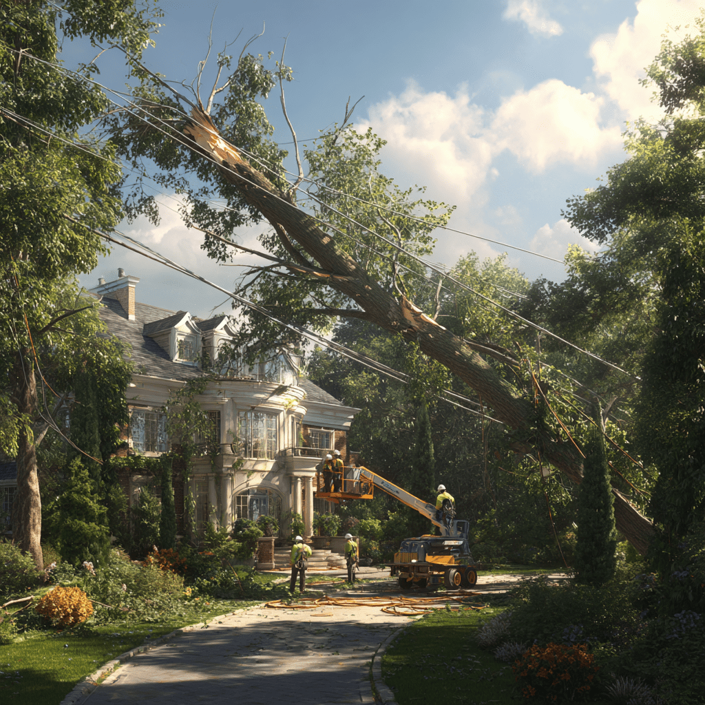 Emergency crew using boom lift to remove a large hanging broken limb over a Humber Valley Village driveway
