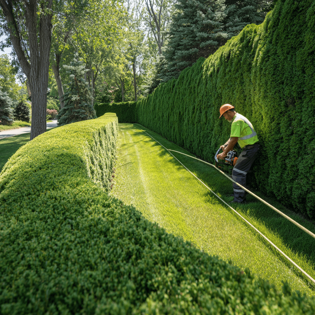 Precise hedge shaping on a sculpted cedar boundary hedge in Humber Valley Village Etobicoke Toronto