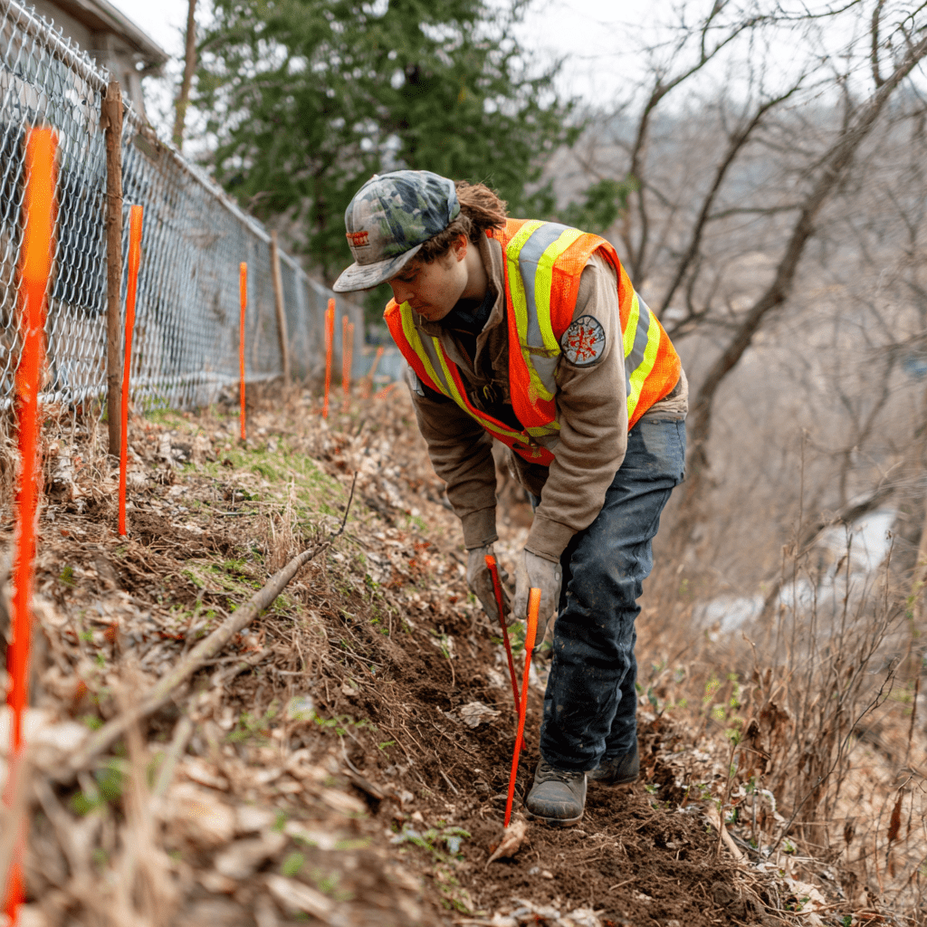 Arborist marking TRCA regulated buffer boundary at a Humber Valley Etobicoke ravine-edge property
