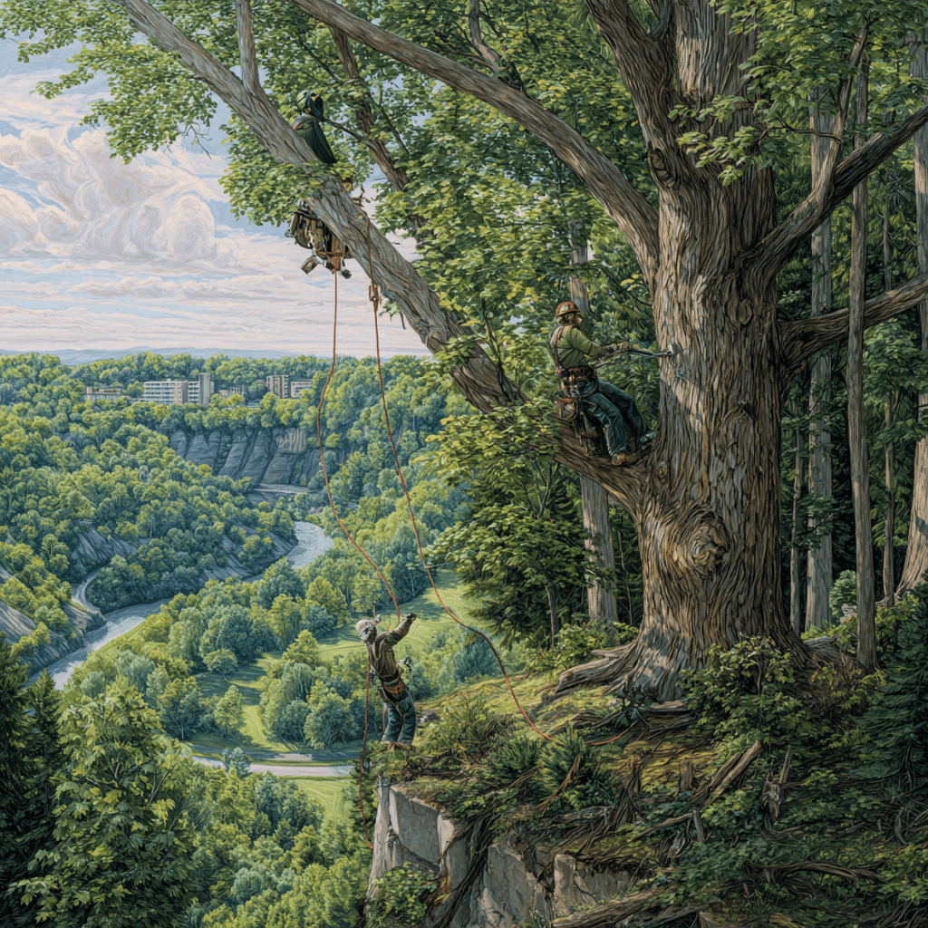 Tree crew rigging large branches above the Humber River valley ravine on an Etobicoke estate lot