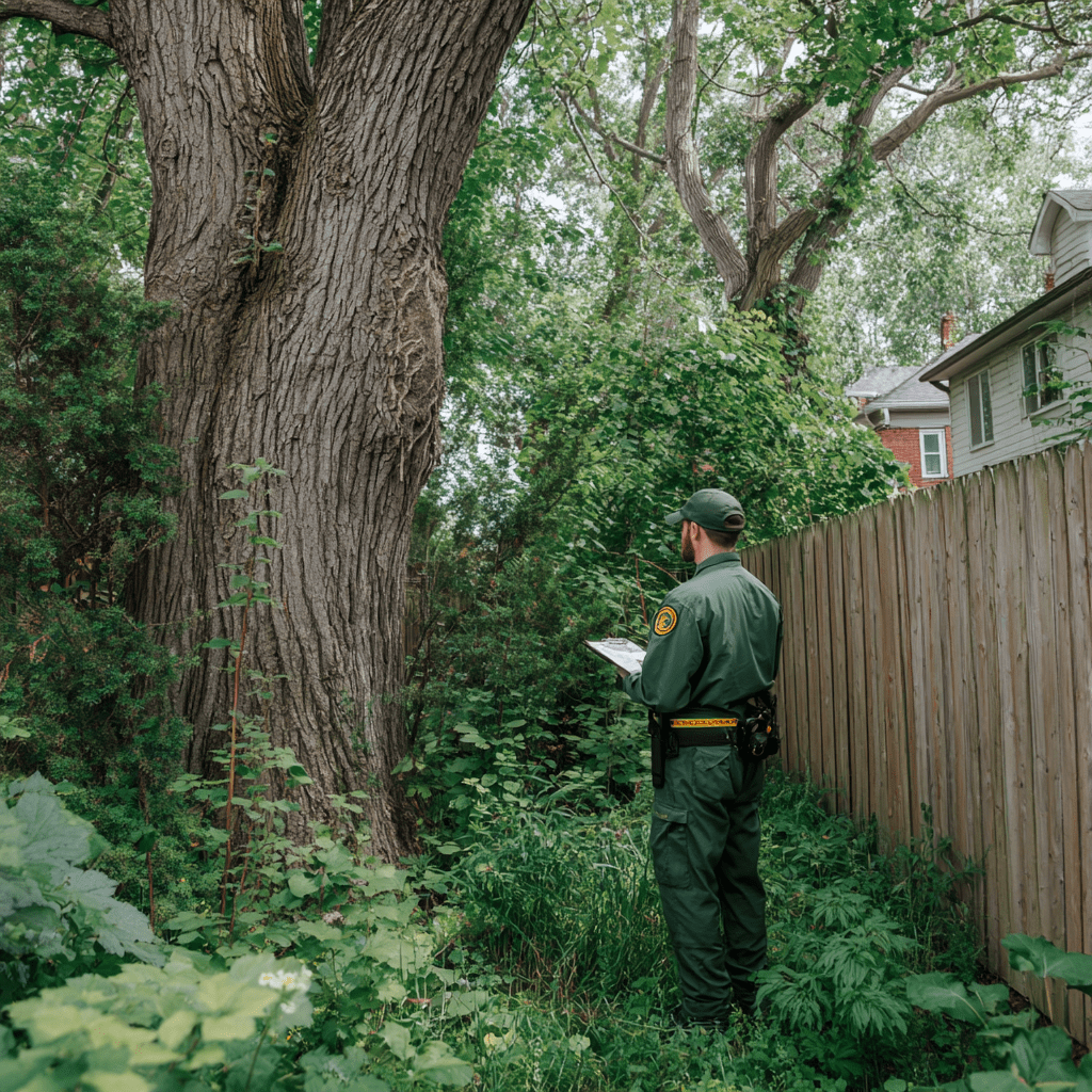 Arborist assessing a large silver maple on a residential property backing onto Mimico Creek in Etobicoke