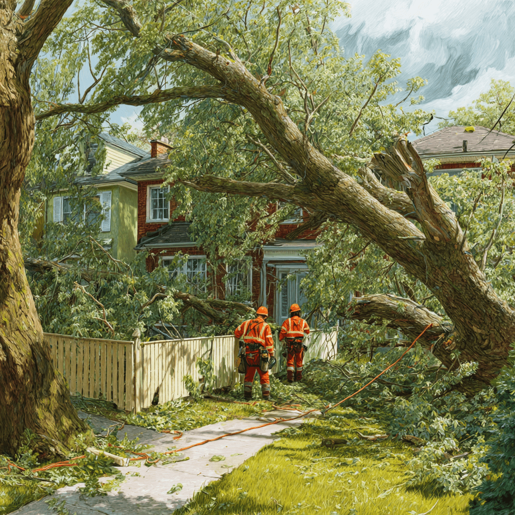 Tree crew assessing and clearing storm damage from a Long Branch Etobicoke waterfront property after a lake storm