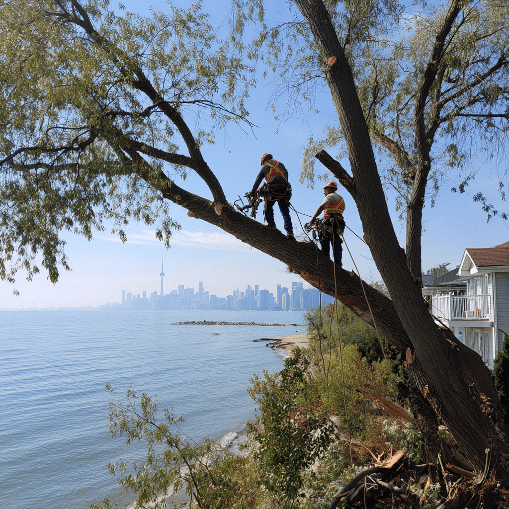 Tree removal crew clearing storm-damaged trees on a Humber Bay Shores Etobicoke waterfront property