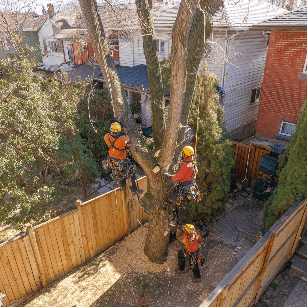 Tree removal crew sectioning a large Norway maple in a tight Sunnylea Etobicoke residential backyard