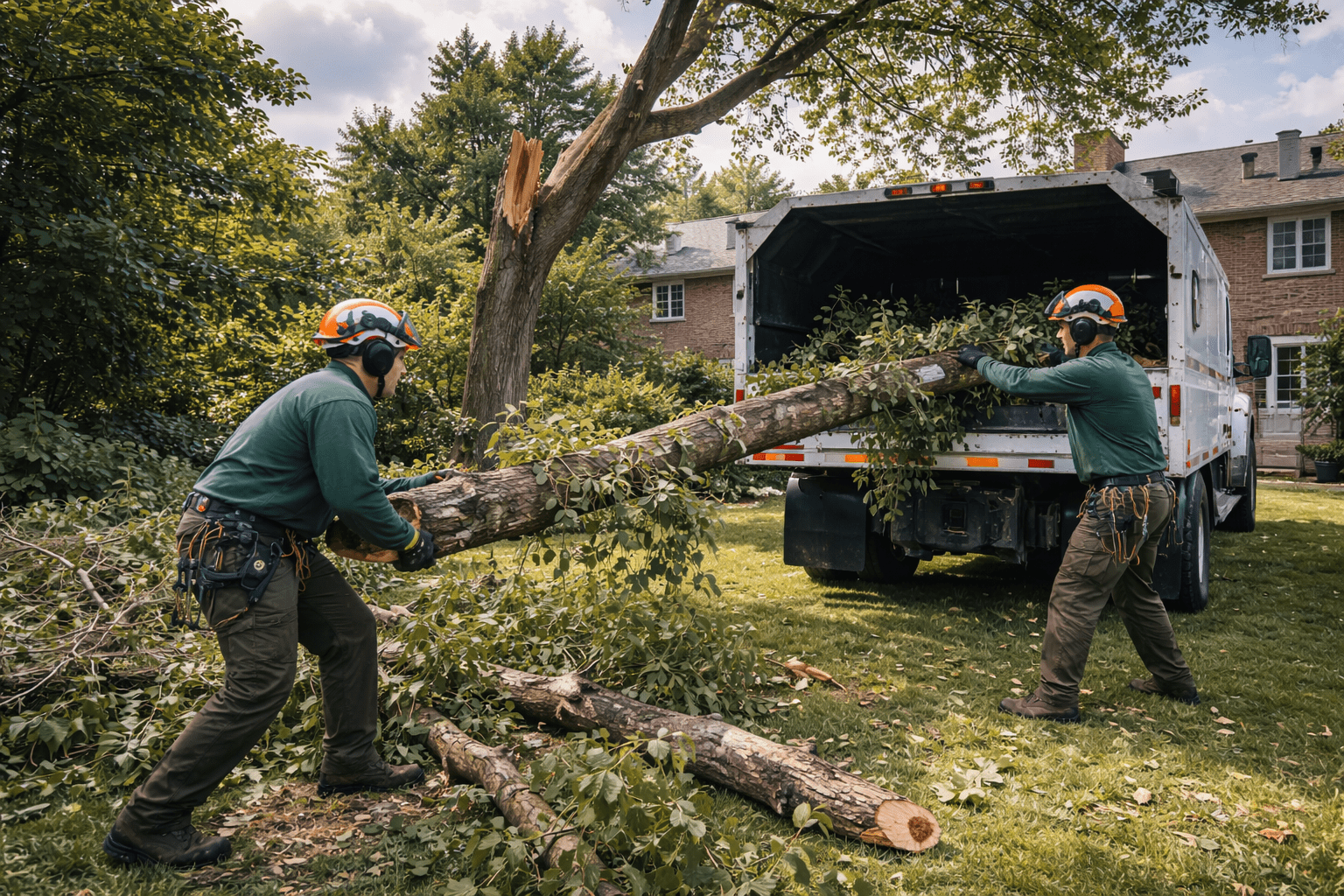 Tree crew clearing large fallen branches from a Scarborough backyard after a Toronto storm event