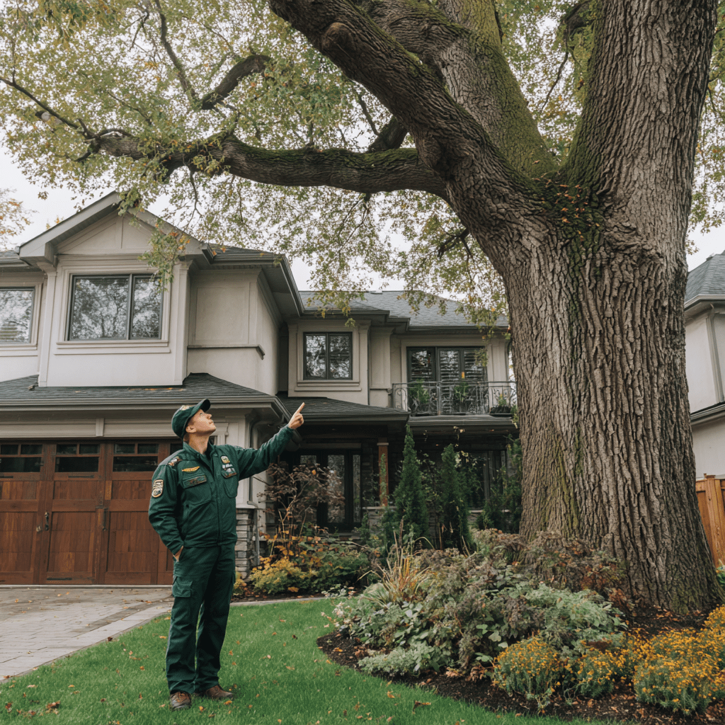 ISA certified arborist consulting with a homeowner about a large tree in a Cornell Markham backyard
