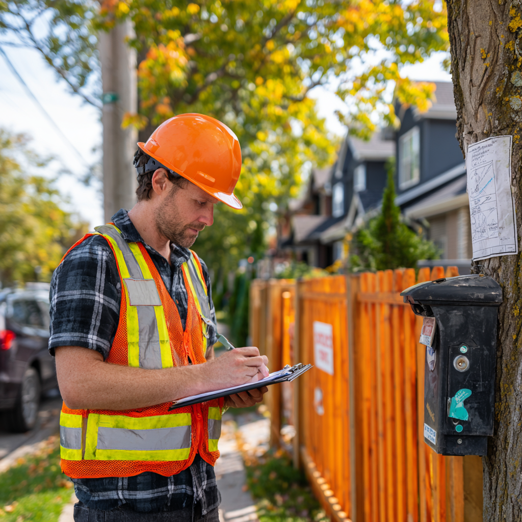 ISA certified arborist reviewing tree assessment documents at a Markham construction permit site