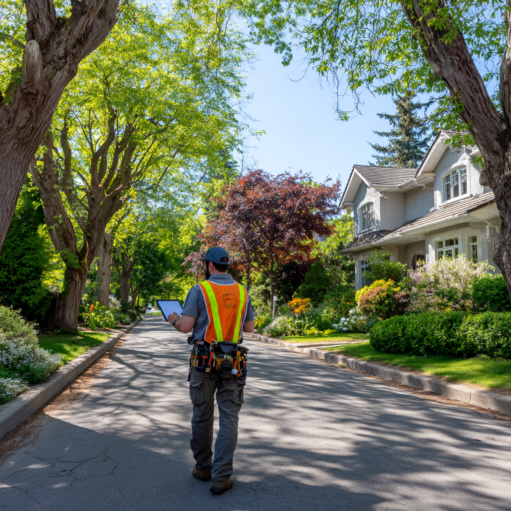 Arborist documenting trees on a Cornell Markham property for a Tree Assessment and Preservation Plan