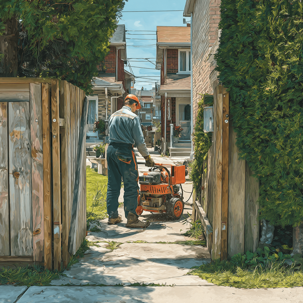 Compact tracked stump grinder being guided through a narrow gate in a Milliken Mills Markham backyard