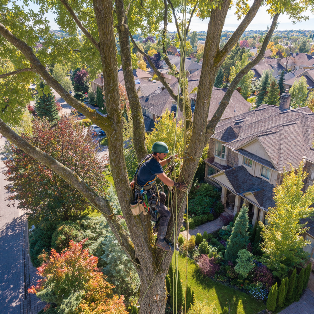 Arborist performing crown thinning on a large red maple in an Angus Glen Markham backyard